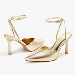 Metallic Gold Pointed-Toe Ankle-Strap Pumps